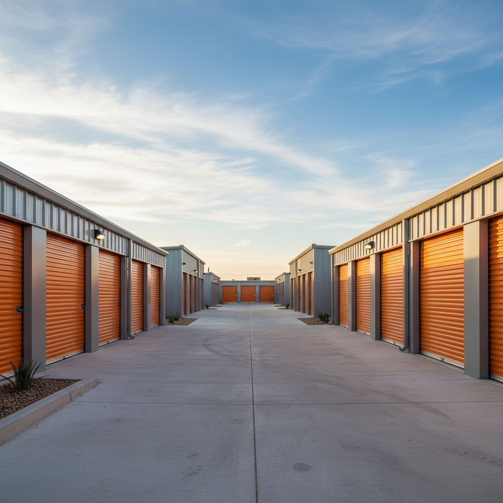 Modern self-storage facility with rows of clean storage units and wide driveways — managed by StorVault